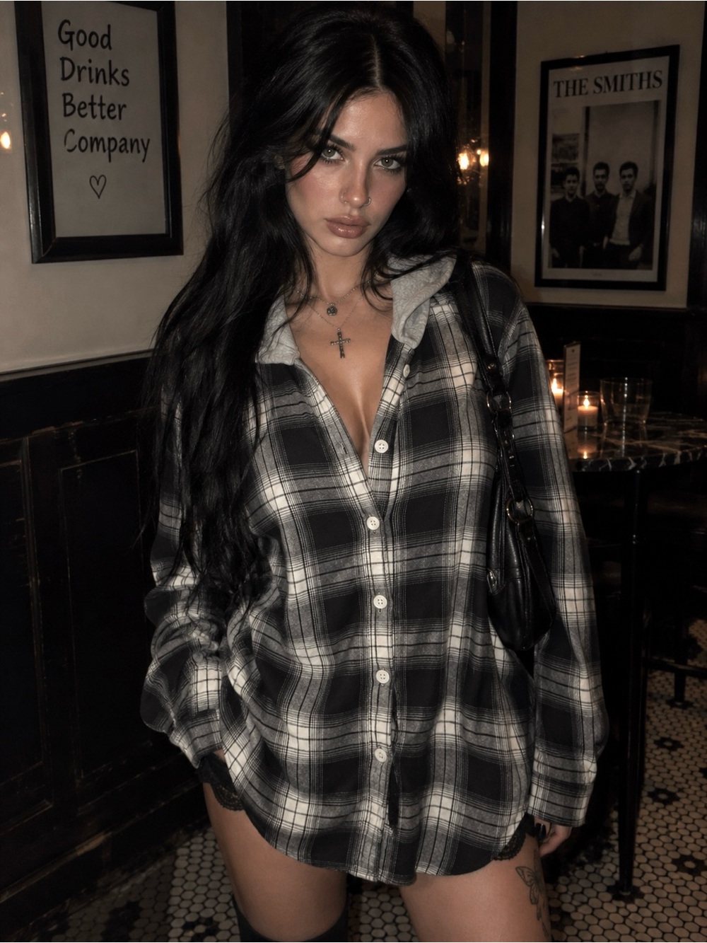 Women's Black & White Plaid Essential Stylish Everyday Button-Up Flannel Jacket